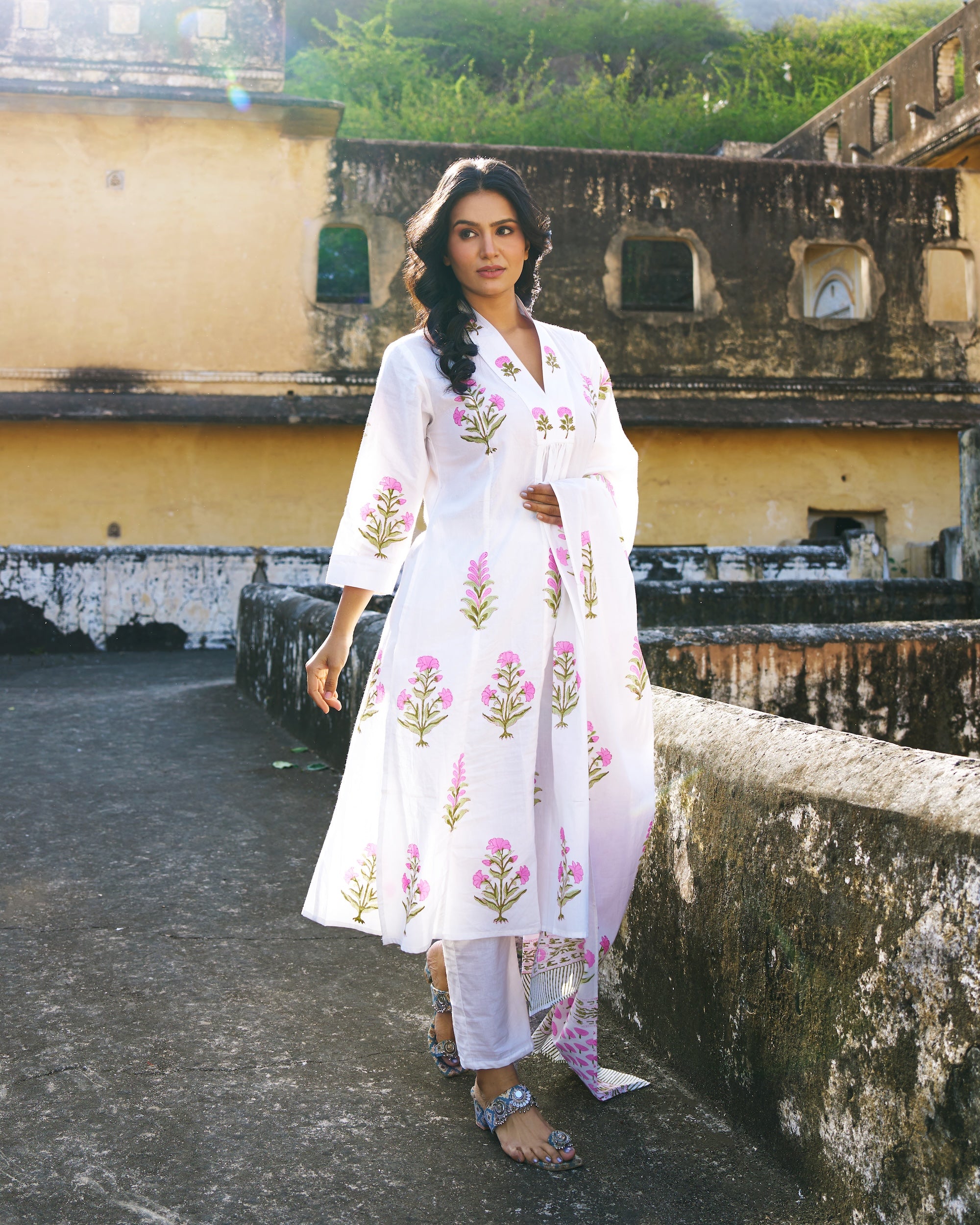 Gulbahar 3-Piece Suit | Placement Handblock Print | Ivory Pink