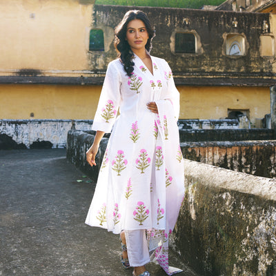 Gulbahar 3-Piece Suit | Placement Handblock Print | Ivory Pink