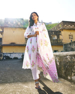 Gulbahar 3-Piece Suit | Placement Handblock Print | Ivory Pink