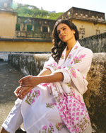 Gulbahar 3-Piece Suit | Placement Handblock Print | Ivory Pink