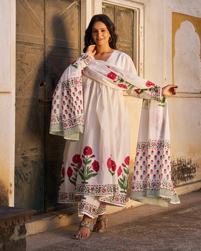 Gulrukh 3-Piece Suit | Placement Handblock Print | Poppy Butta