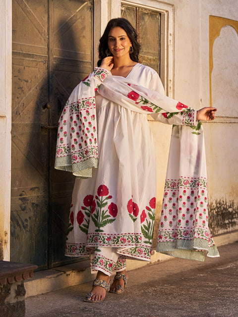 Gulrukh 3-Piece Suit | Placement Handblock Print | Poppy Butta