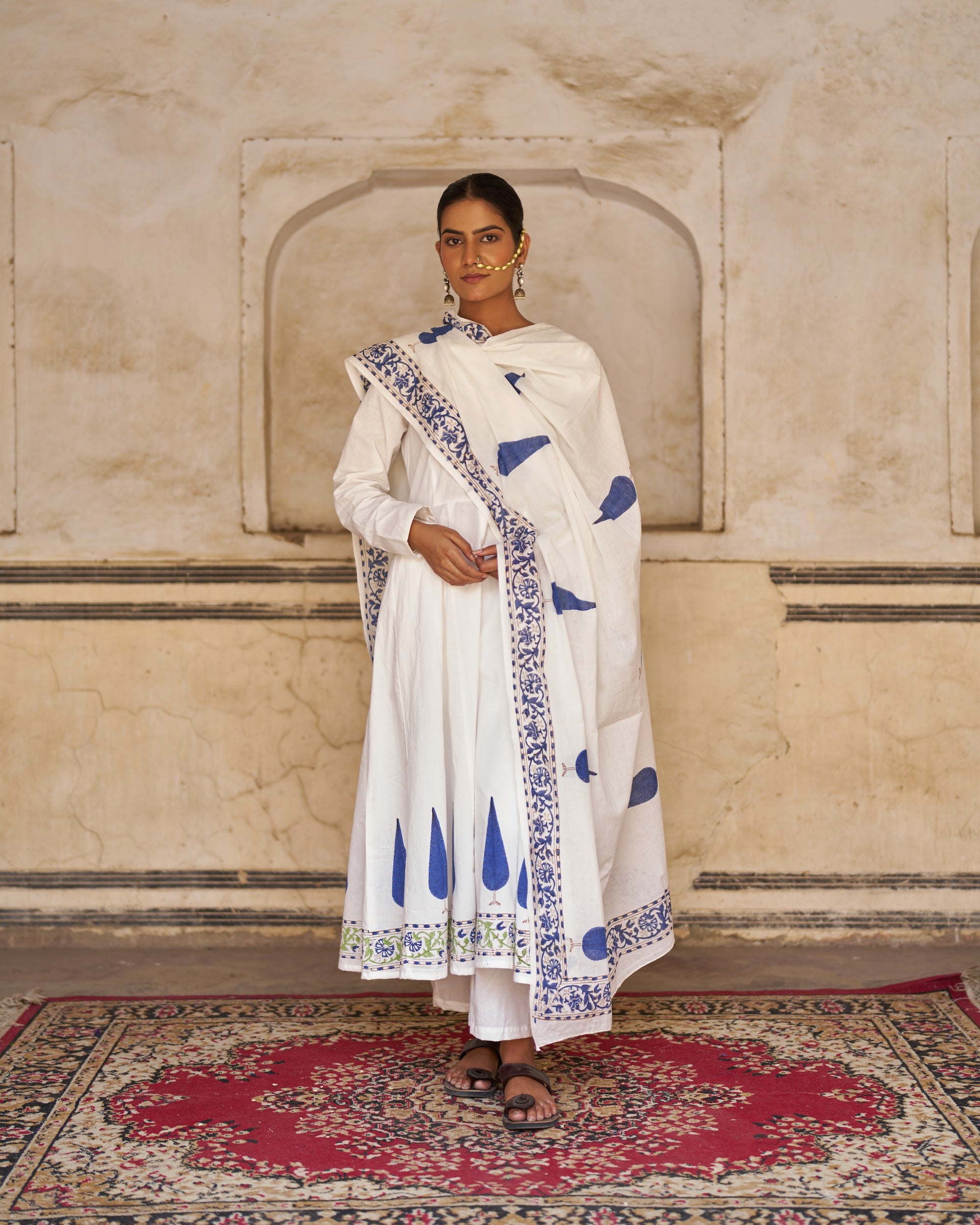 Mehrunisa 3-Piece Suit Set | Placement Handblock Print | Ivory & Indigo