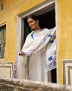 Mehrunisa 3-Piece Suit Set | Placement Handblock Print | Ivory & Indigo