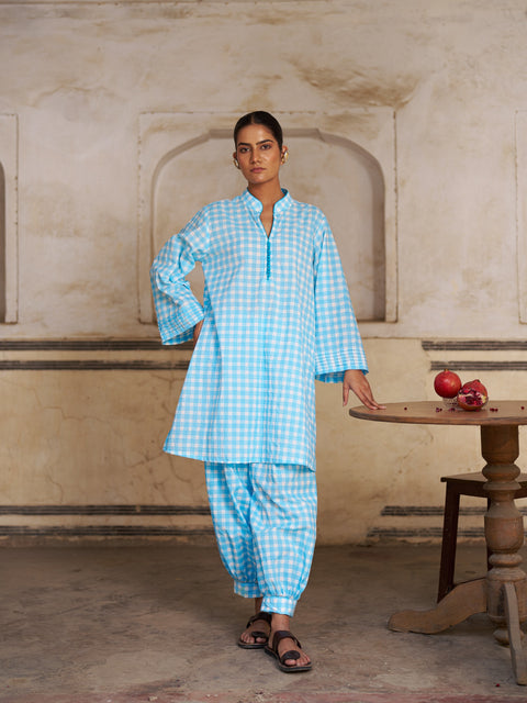 Shabnam Co-ord Set | Sky Blue Chequered